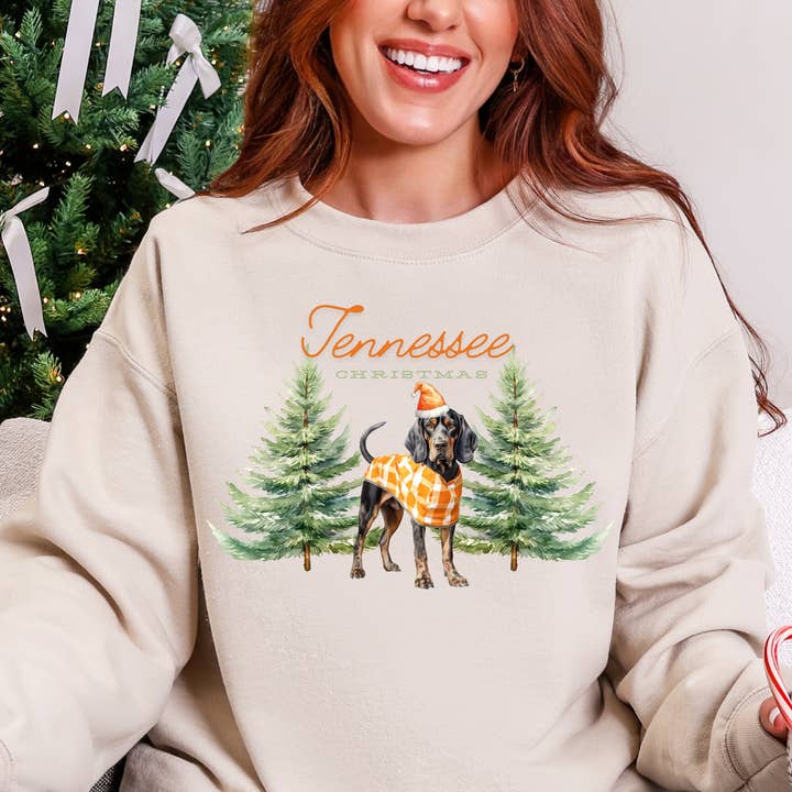Tennessee Christmas Dog Sweatshirt – Smokey in Gingham Holiday Crewneck for wholesale by Top Knot Apparel