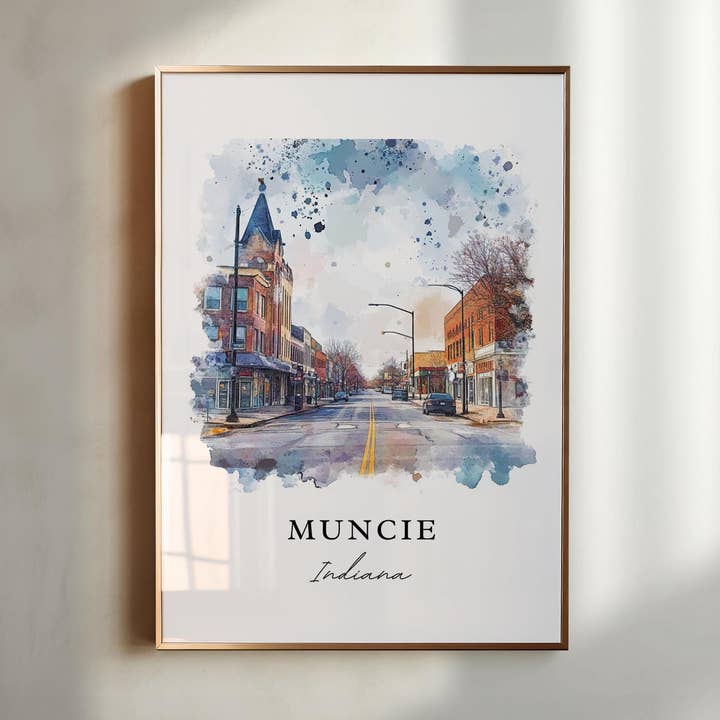 Arte de Parede de Muncie IN, Impressão de Muncie Indiana, Arte em Aquarela de Muncie, Presente de Muncie Indiana, Poster de Viagem, Presente de Inauguração de Casa por atacado de Premium Travel Art