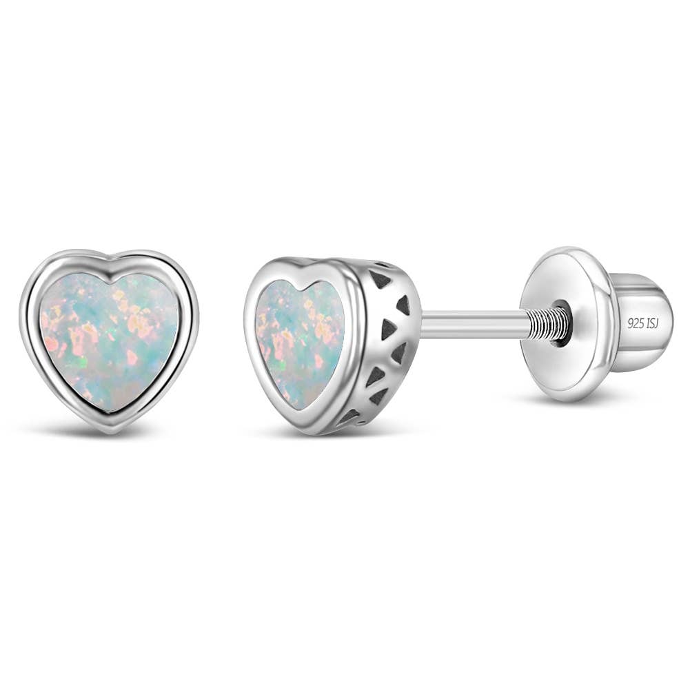 In Season Jewelry - Wholesale Earrings - Kids - Opal Birthstone Heart Screw Back Earrings - Sterling Silver0