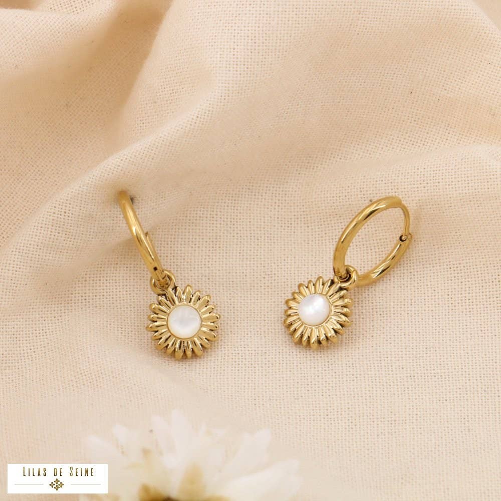 Lilas de Seine - Wholesale Hoop Earrings - Mini Creoles Steel Flower Pendants Mother-of-Pearl Stone 03250133