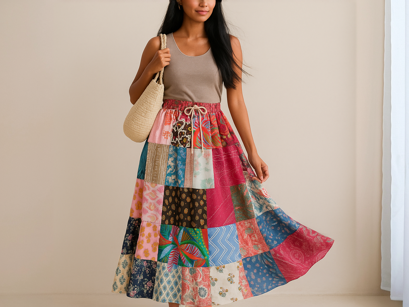 Beige & Co Thai Crafts - Wholesale Skirt - Women's - Zero-Waste Patchwork Cotton Maxi Skirt – One of a Kind3