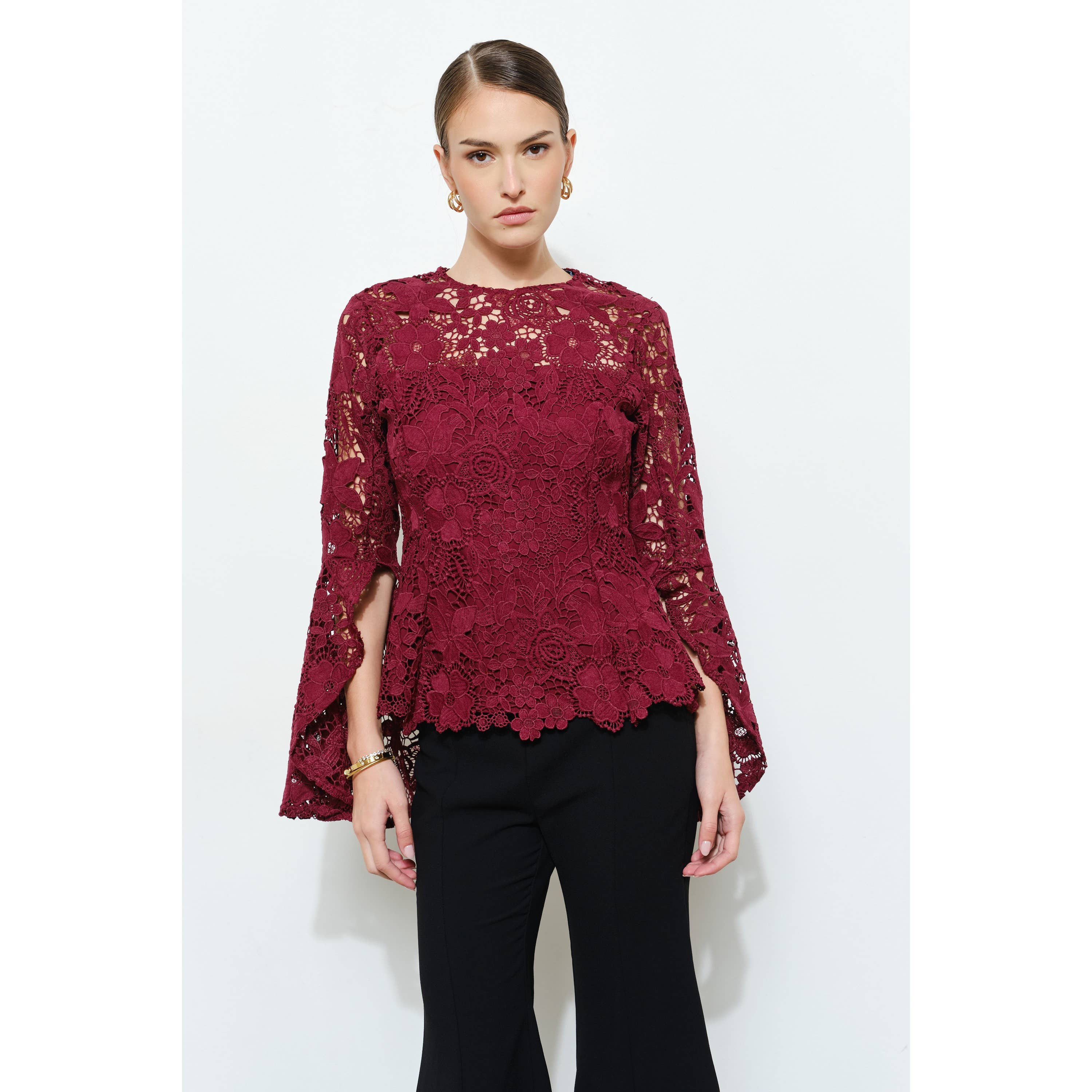 INA - Wholesale Blouse - Women's - Floral Lace Slitted Long Sleeves Blouse Woven Top4