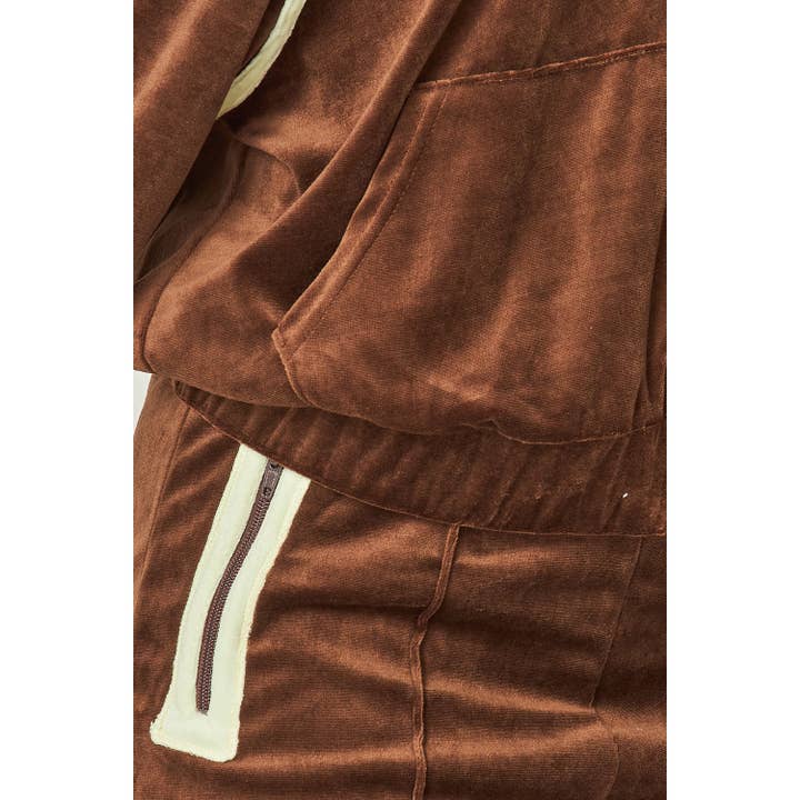 BROWN Solid color Velour Tracksuit with Contrast Piping for wholesale on Faire