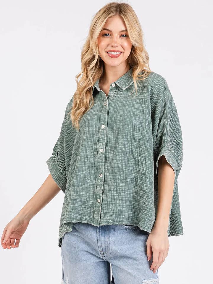 Camisa de Botões com Mangas Dolman em Gaze Lavada Mineral Mittoshop por atacado de Queenado