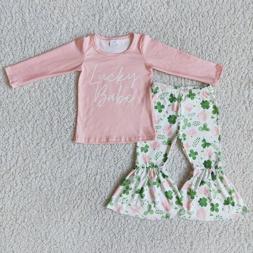 Aier Wholesale - Wholesale Top & Pant Set - Kids - St Patrick Day Lucky Babe bell bottom pants sets0
