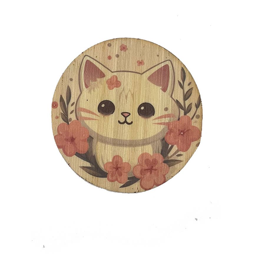 Bamboo Wood Stickers - Wholesale Sticker - Kawaii Cat w/ Sakura
