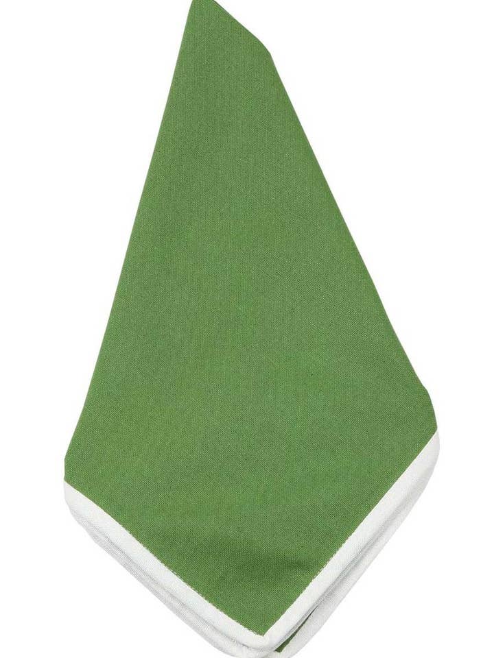 serviettes de table en tissu vert péridot uni avec garniture blanche pour la vente par Hen House Linens