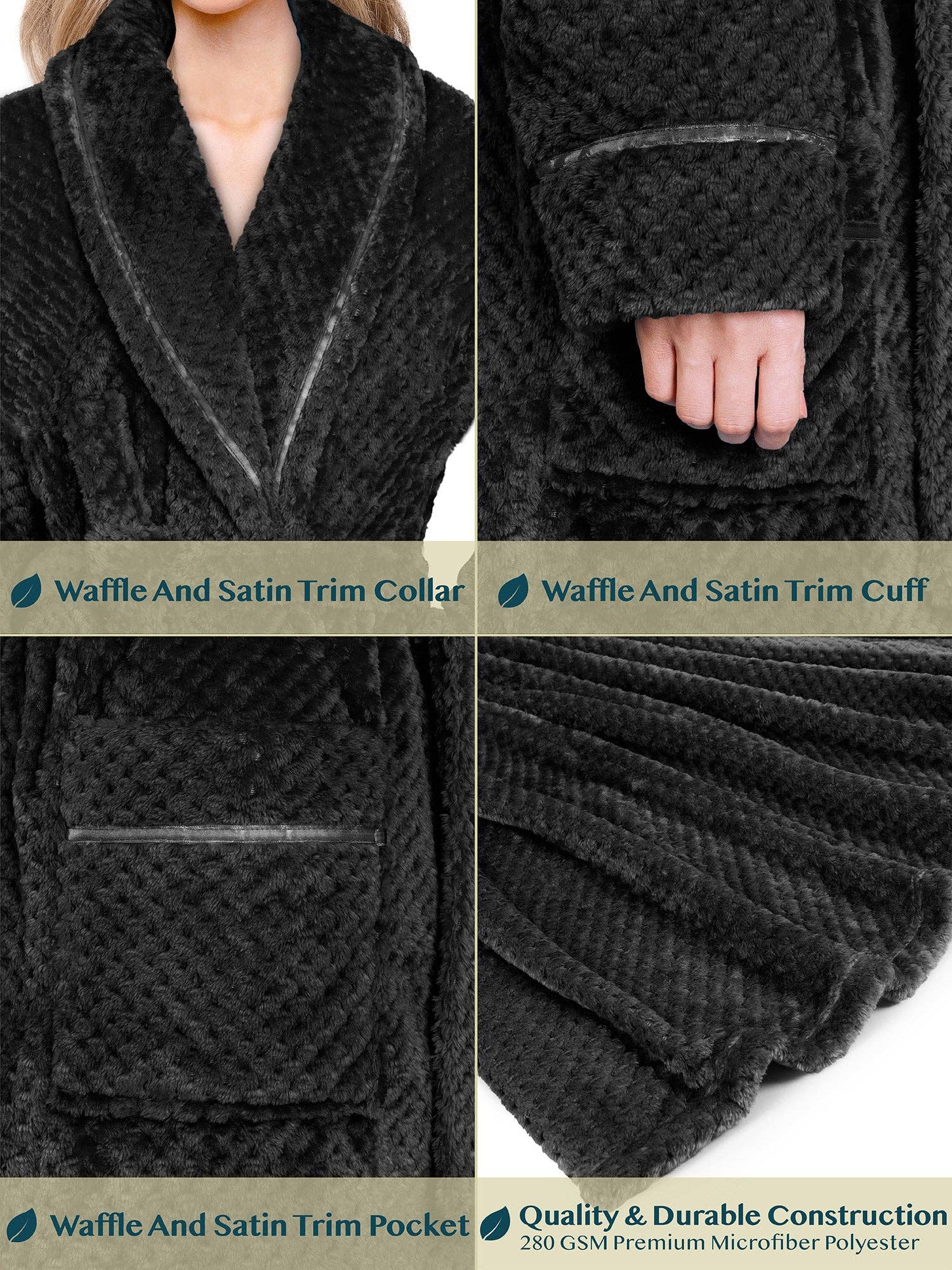 Pavilia – Engroshandel Morgenkåbe - Dame – Dame badekåbe i fleecestof med vaflet struktur og satintrim7