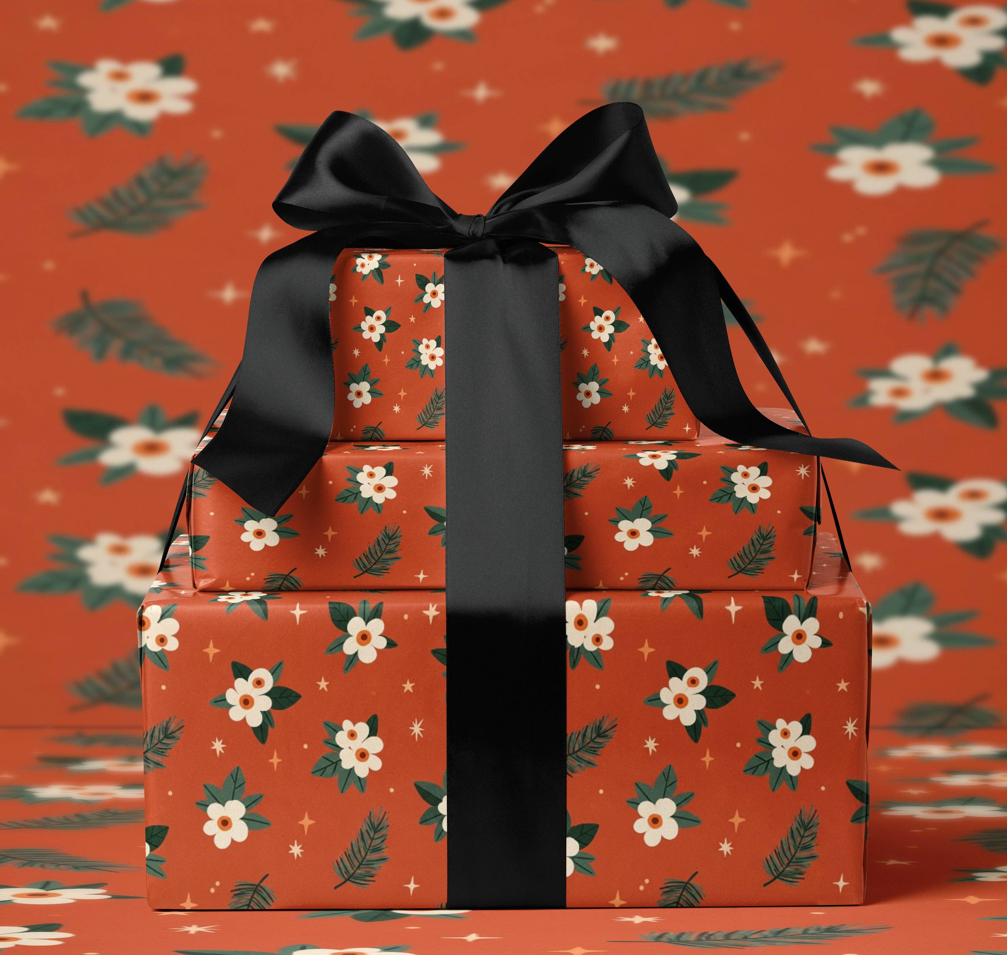 MagicMerchEmporium – wholesale Wrapping paper roll – Floral Gift Wrap with Pine & Stars3