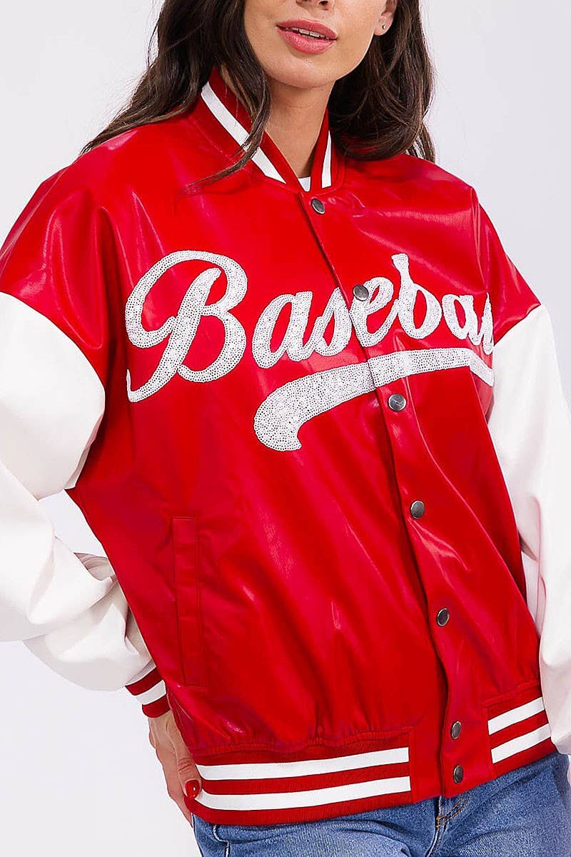 ROUSSEAU - Wholesale Varsity/Baseball Jacket - Women's - BUTTON FRONT POCKETS PU PLEATHER VARSITY JACKET4
