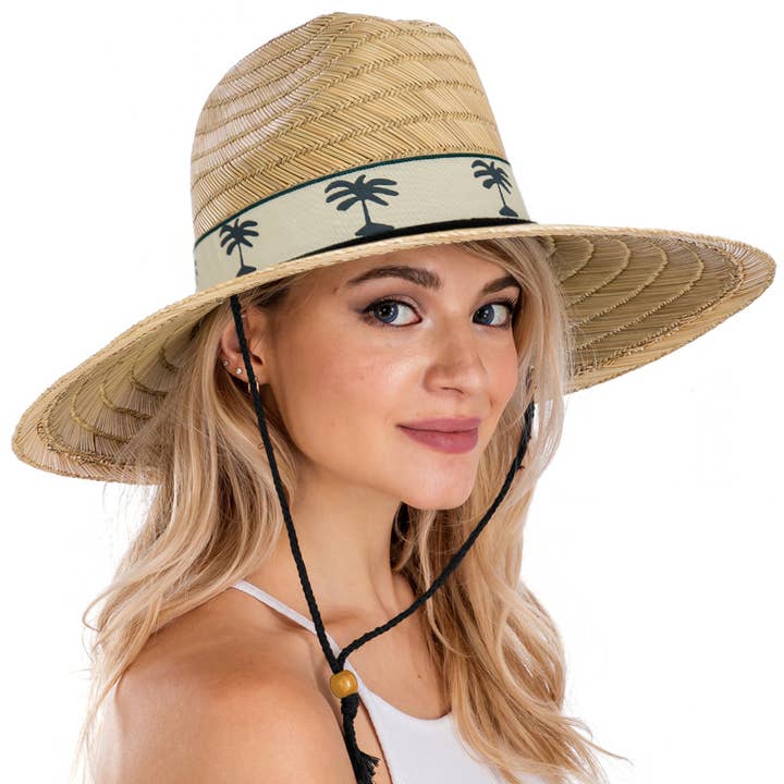 Cap Zone - Wholesale Straw Hat - Women's - Palm Tree Band Wide Rush Straw Lifeguard Hat