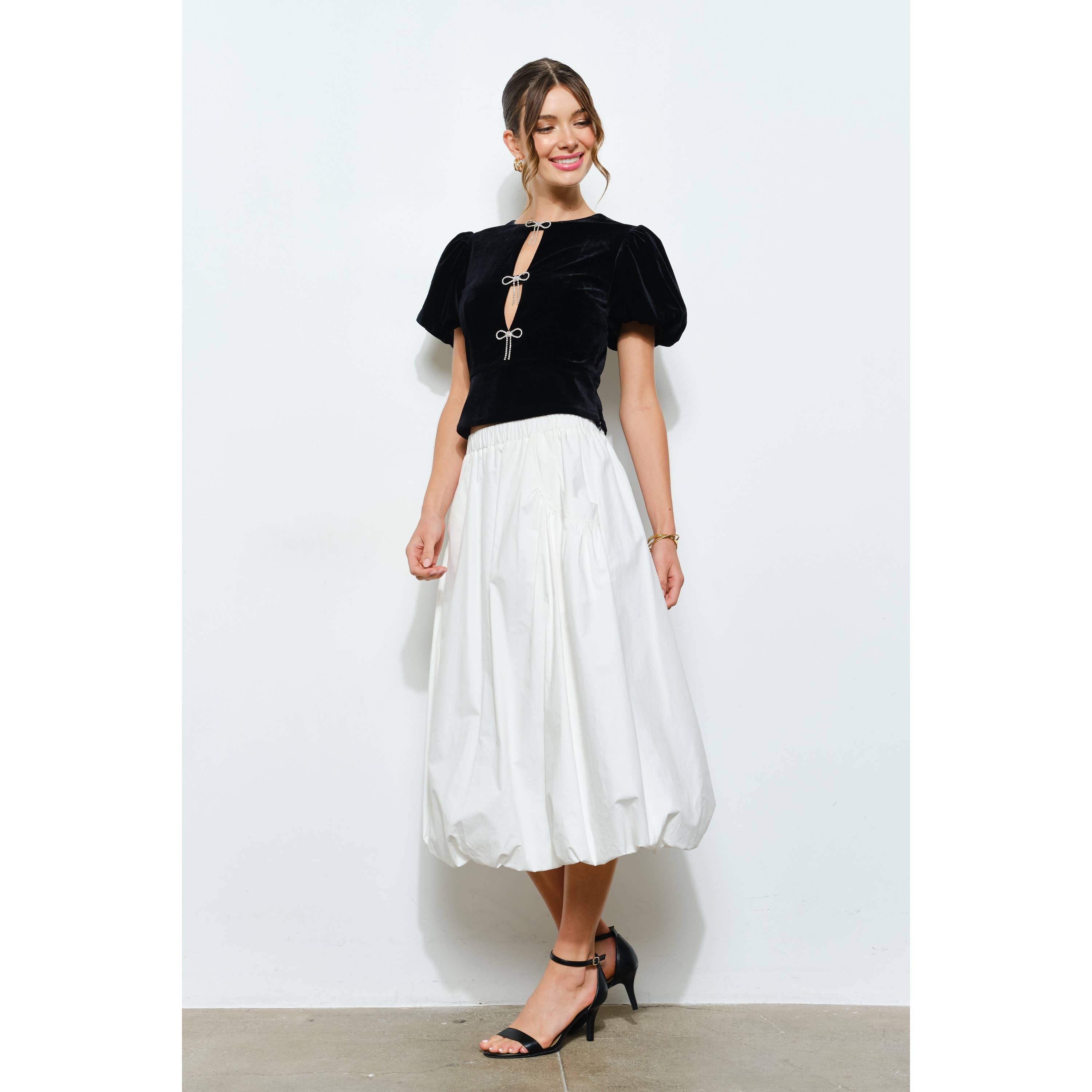 INA - Wholesale Blouse - Women's - Rhinestone Bow Cutout Velvet Puff Sleeve Top14