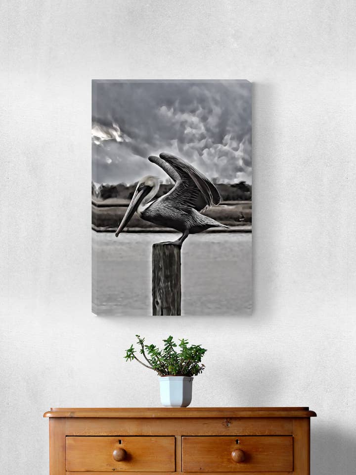Serenity's Departure - Canvas print a pelican for wholesale by Sherry Pfeifle Studio