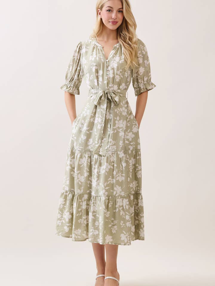 V-RINGAD MIDIKLÄNNING MED MIDJEBAND OCH VOLANGER -VD6186 för wholesale av Calista