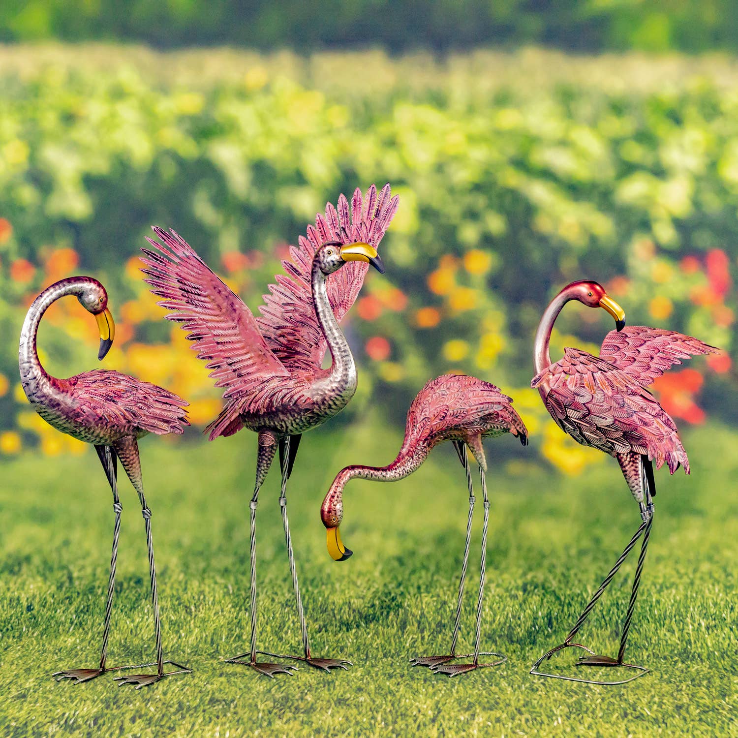 Zaer Ltd. International - Wholesale Garden/Lawn Stake - 41.3" Tall Metallic Pink Flamingo Garden Stakes- 4PC/Set1