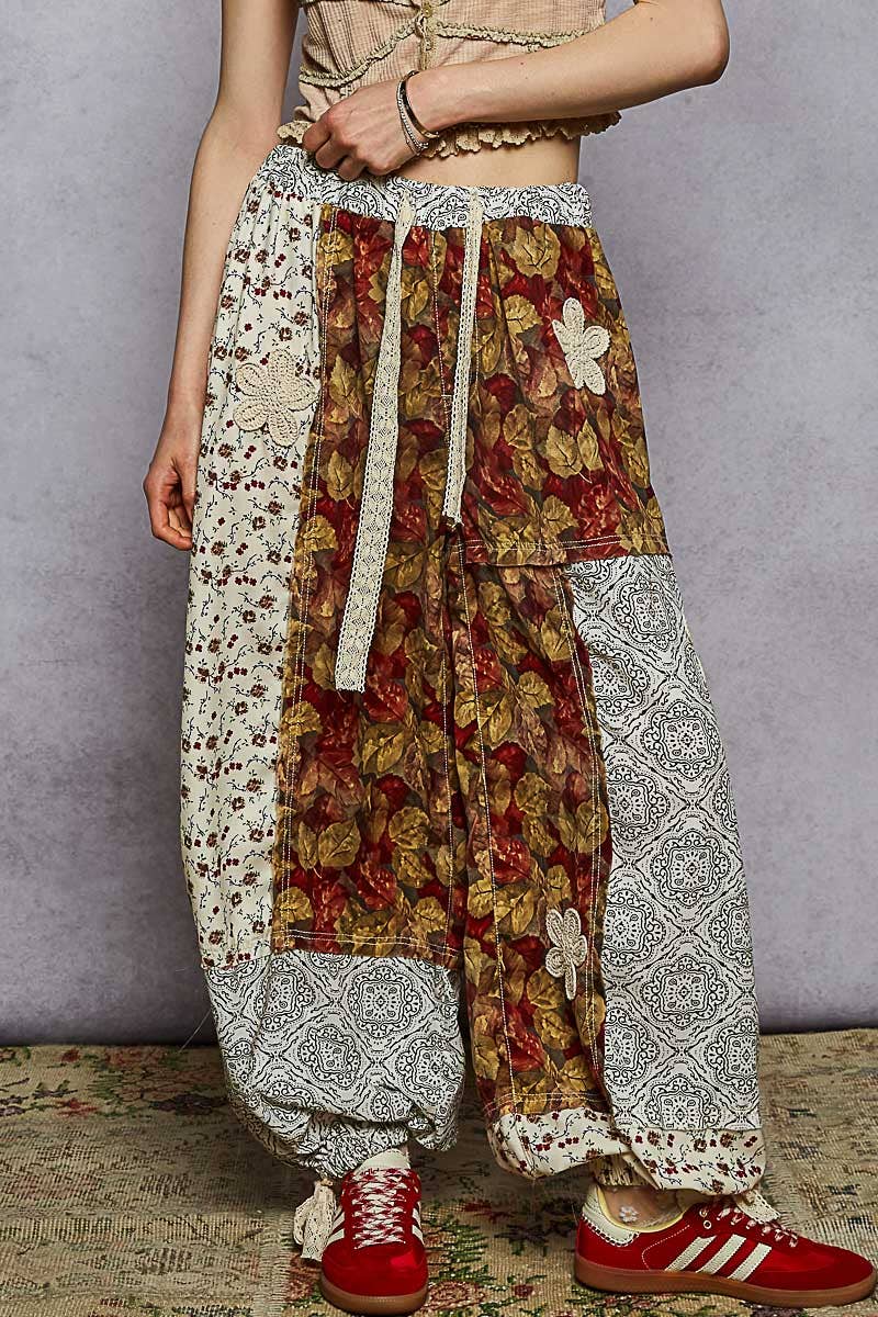 Pol Clothing - Wholesale Pants - Women's - Crochet patch detail contrast patchwork printed woven pants8