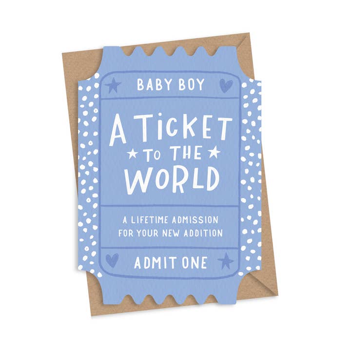 Ticket To The World Baby Boy Card for wholesale by Dotty Black