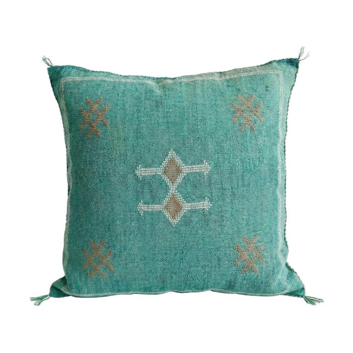 Atlas Teal Moroccan Hand Embroidered Silk Pillow Cover for wholesale by Troussi