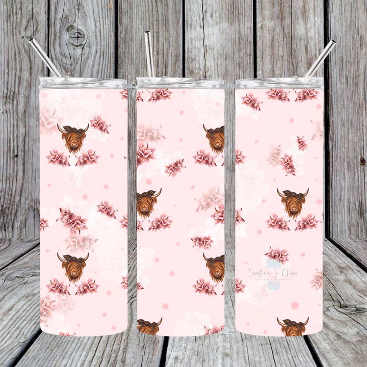 Pink Highland Cows Skinny Tumbler for wholesale by Crafting in Chaos