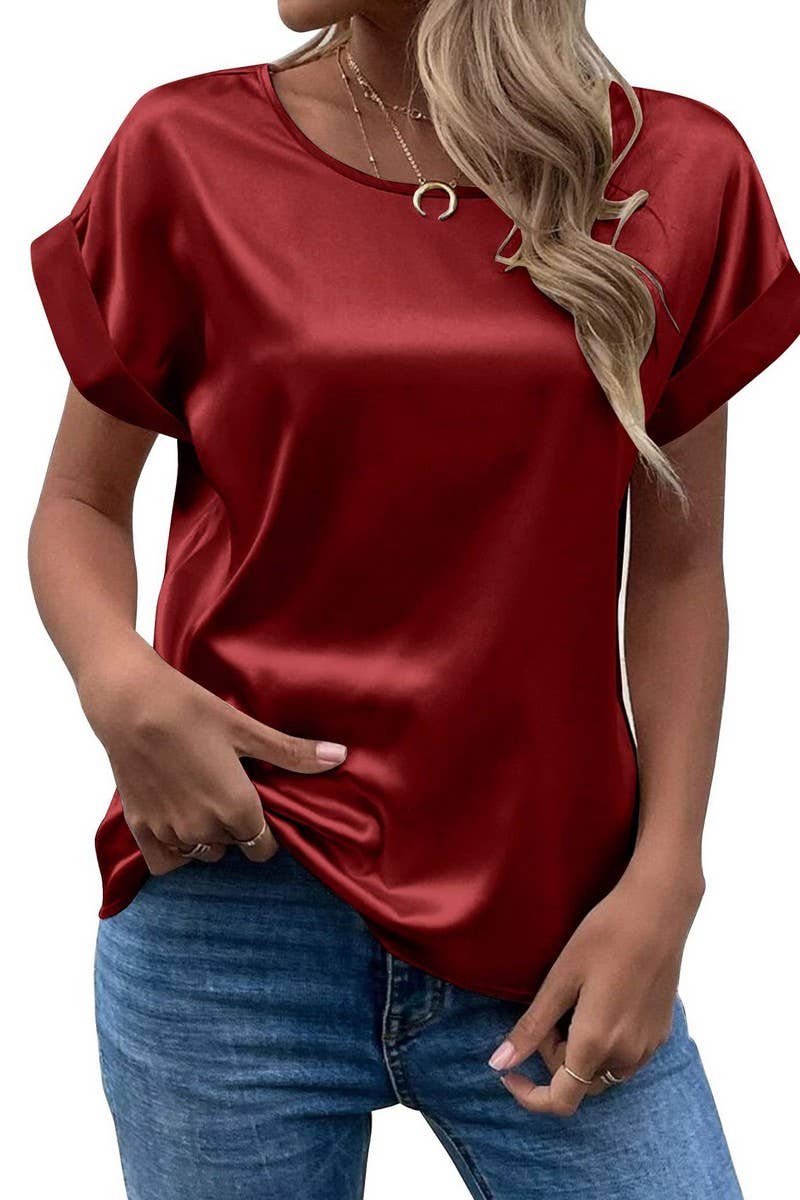 NINEXIS - Wholesale Blouse - Women's - CWTBLS1775_SATIN ROUND NECK LOOSE SHORT-SLEEVED TOP6