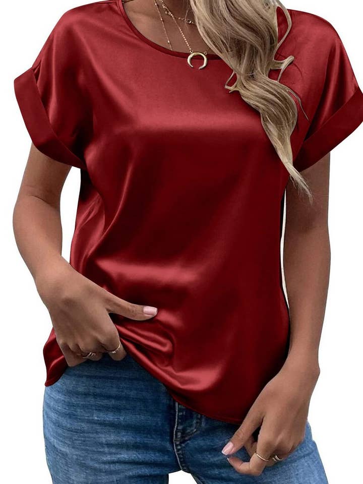NINEXIS - Wholesale Blouse - Women's - CWTBLS1775_SATIN ROUND NECK LOOSE SHORT-SLEEVED TOP6