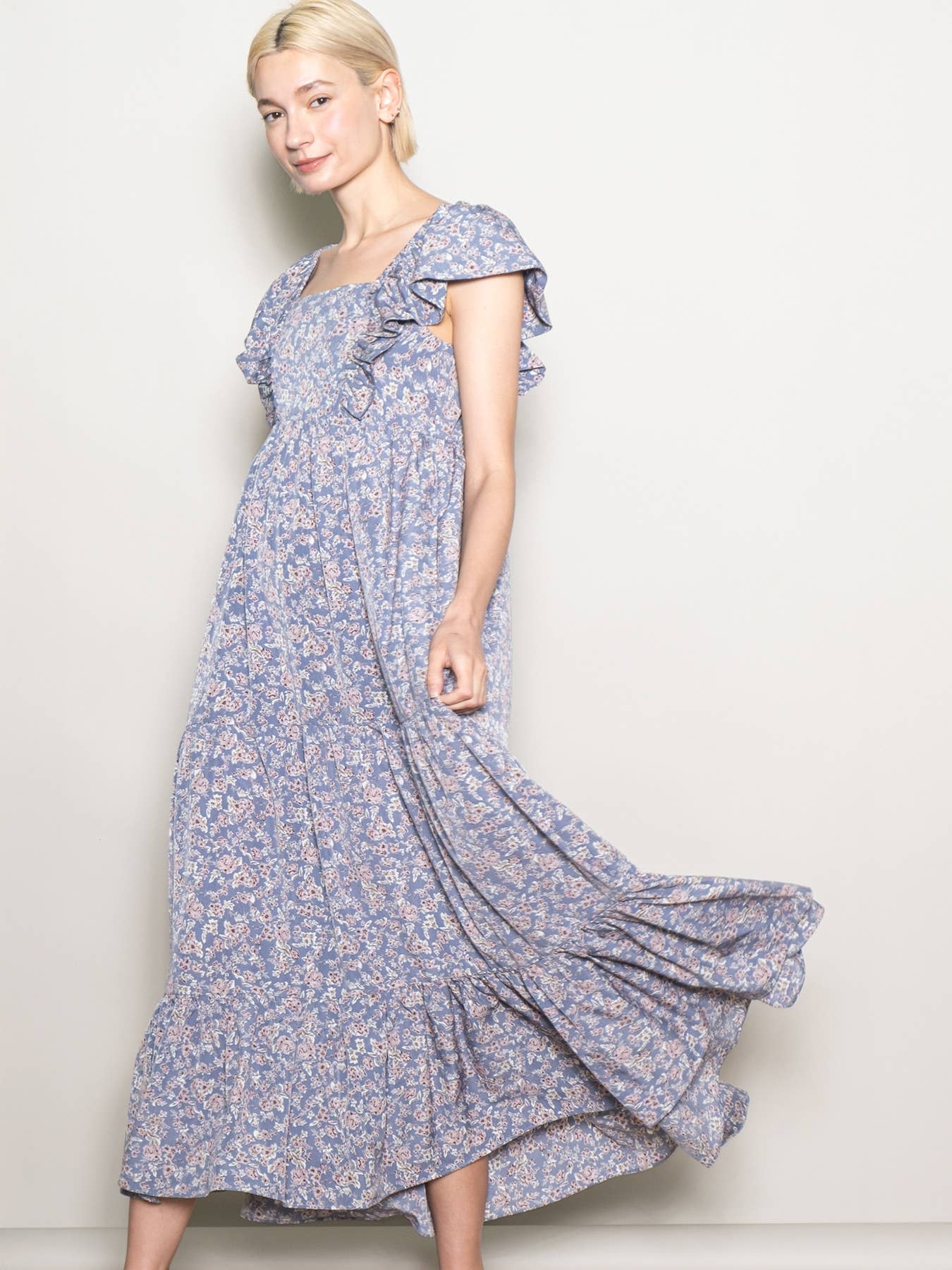 Elloh Collection - Wholesale Dress - Women's - On Off Shoulder Ruffle Sleeve Wide Flare Tiered Maxi Dress5