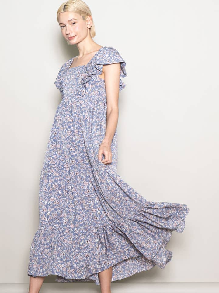 Elloh Collection - Wholesale Dress - Women's - On Off Shoulder Ruffle Sleeve Wide Flare Tiered Maxi Dress5