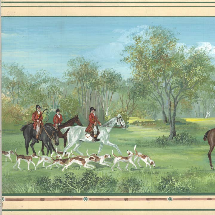 Men Ride Horses on the Field, Dogs Wallpaper, Composition Mural, Oversized Custom Size Wall Art, Non-Woven, Non-Adhesive, Modern Wall Paper, Removable for wholesale by Walloro Luxury Embossed Wallpaper