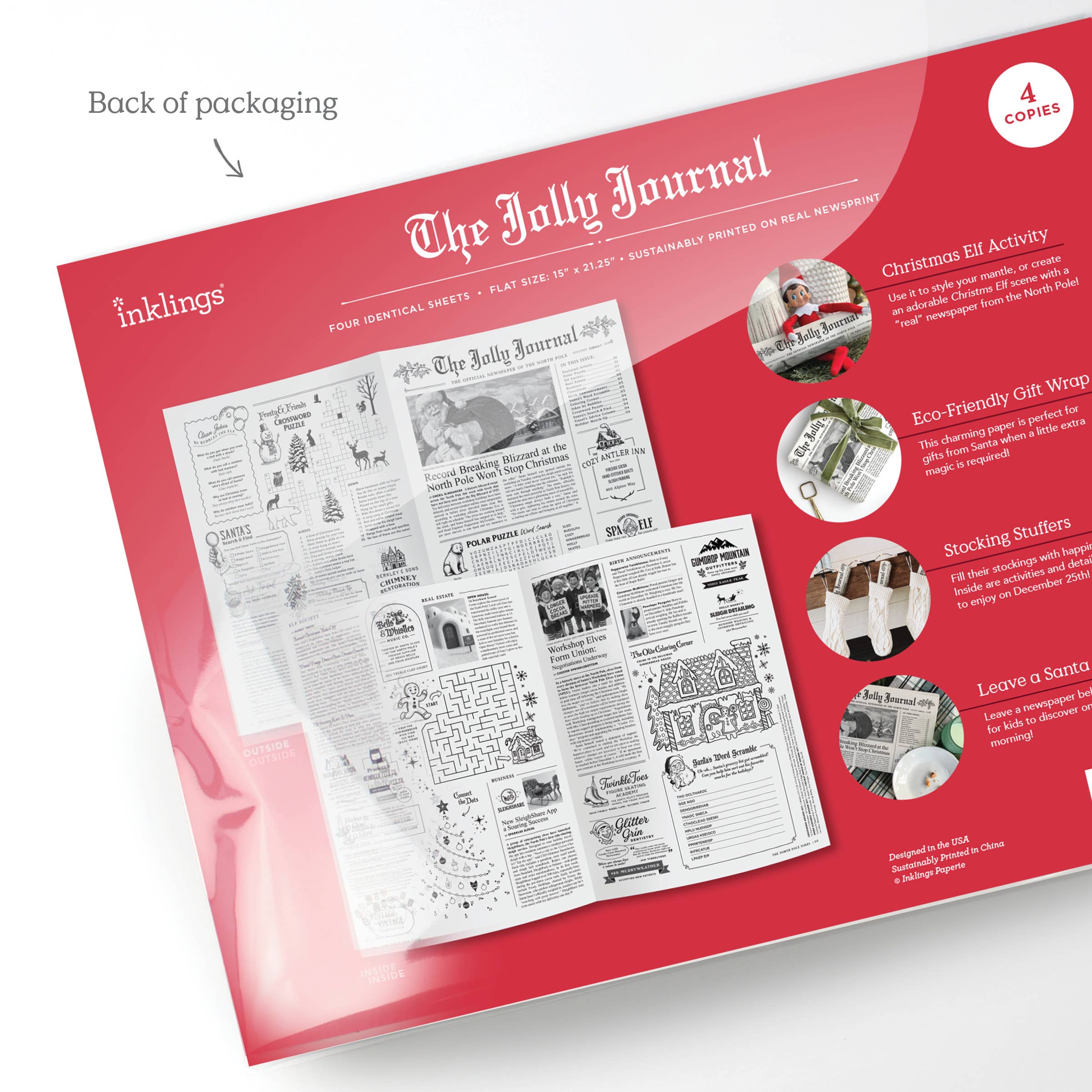 Inklings Paperie - Wholesale Flat Wrap - 4pk Christmas Newspaper Gift Wrap Sheets - The Jolly Journal5