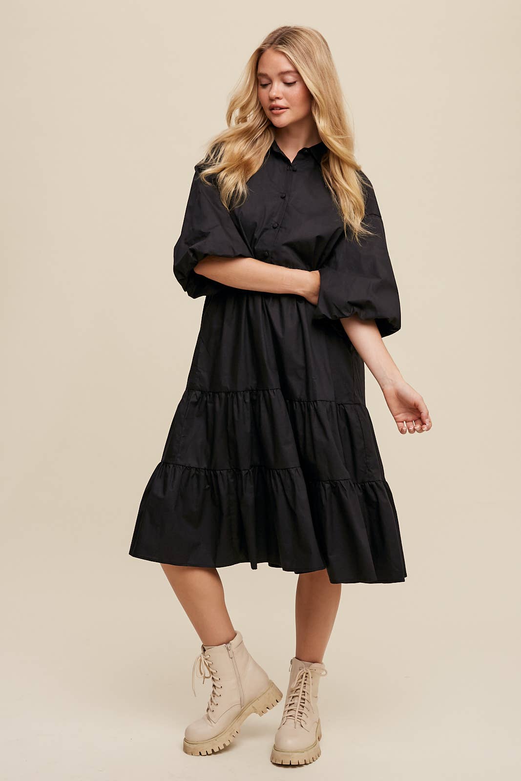 Listicle - Wholesale Dress - Women's - Tiered Poplin Shirt Dress4