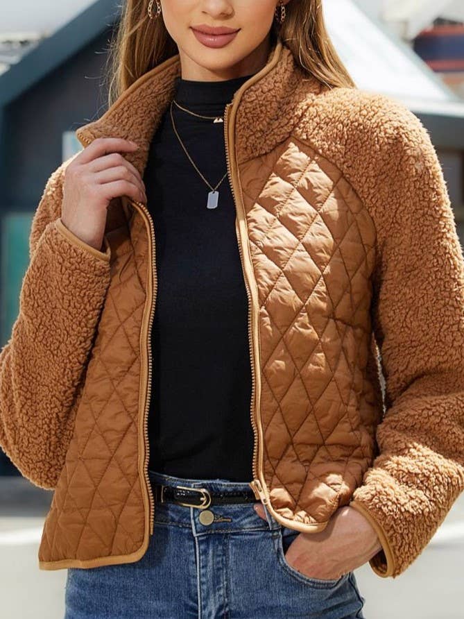 Zip-Up Plush Quilted Panel Coat for wholesale by Rosa Clothing