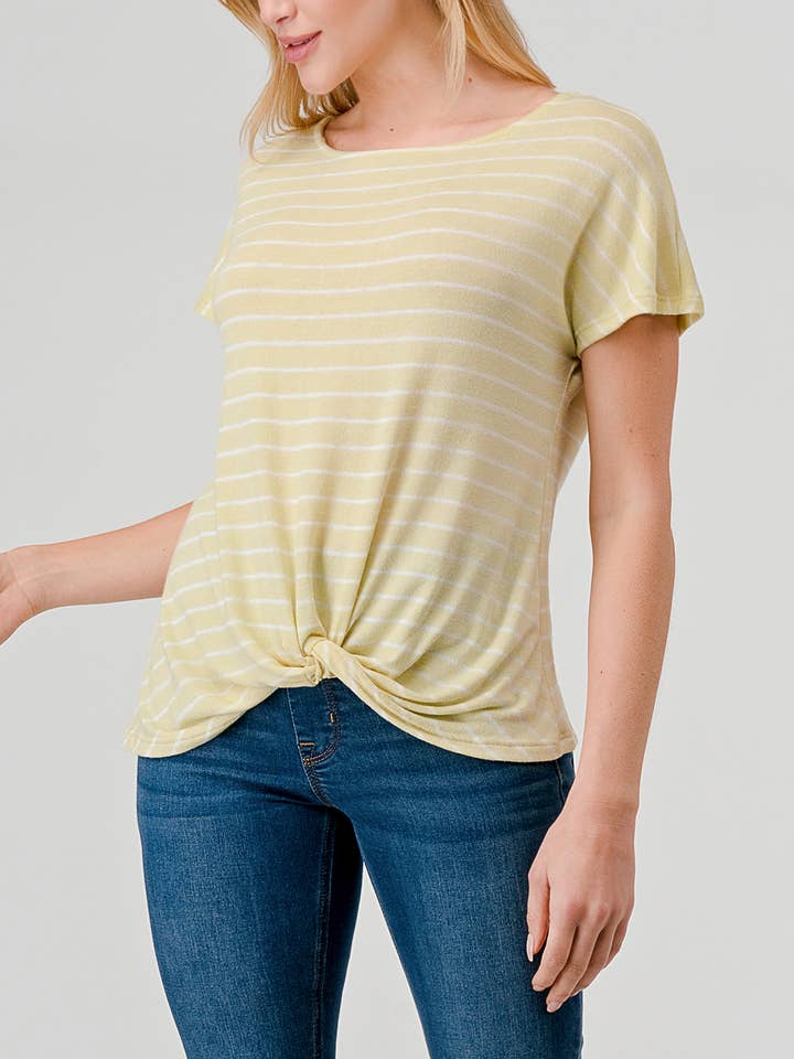 Twist Front Short Sleeve Stripe Knit Top, T698 for wholesale by Heimious