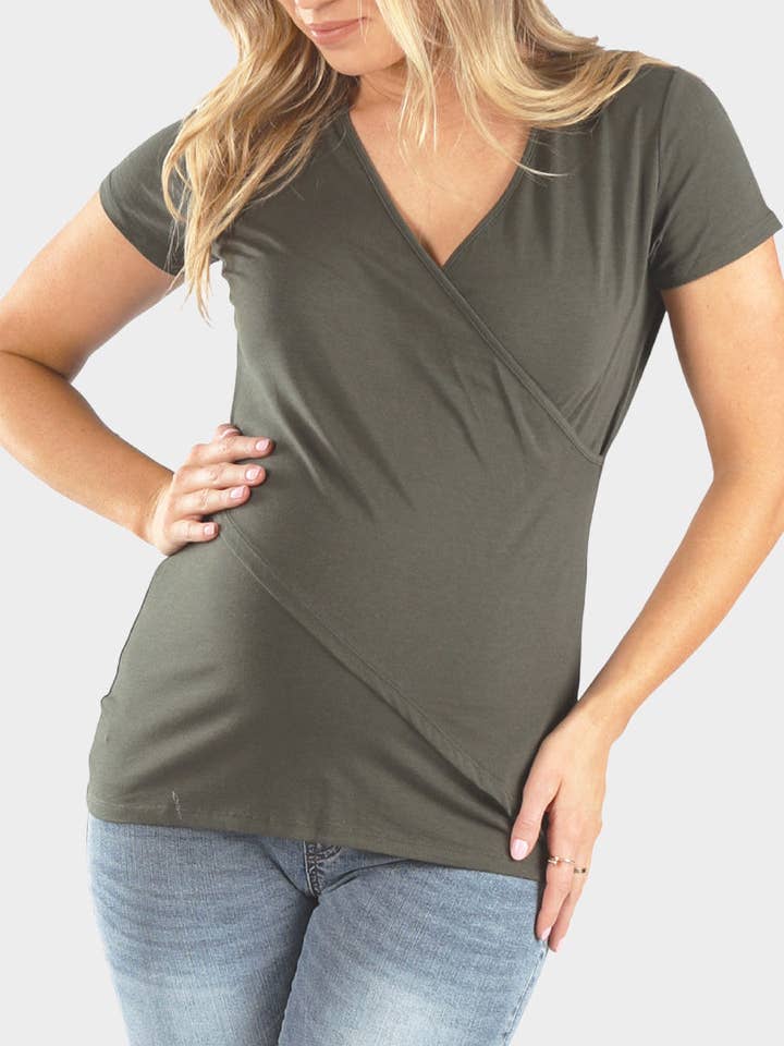 Maternity & Nursing Short Sleeve Tee in Khaki Bamboo for wholesale by Angel Maternity Australia