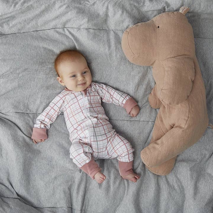 multi Blush Plaid Baby Zip Romper for wholesale on Faire2