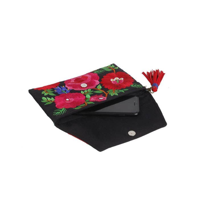 Lumily - Vente Pochette – femme - Pochette à pompons en cuir brodé Fiesta Hmong