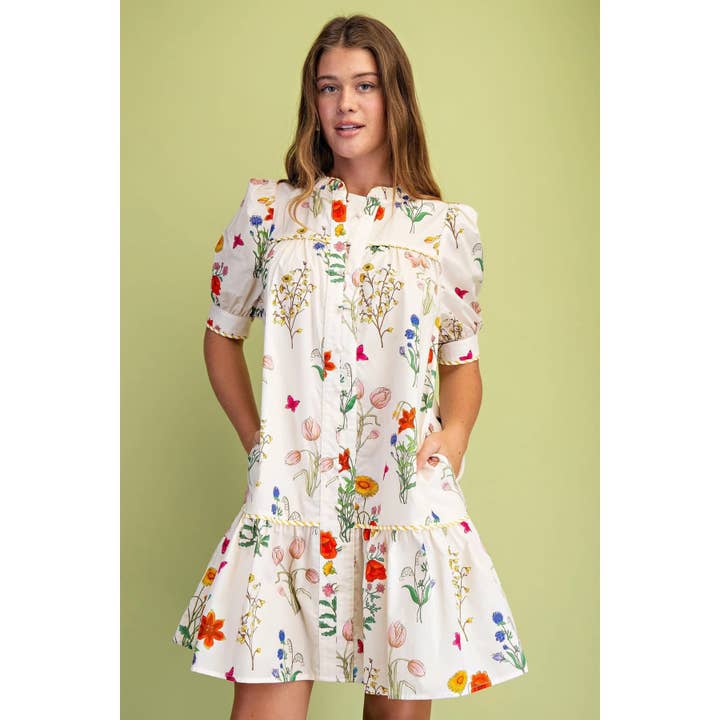 Floral Print Button Up Short Sleeve Dress for wholesale by BNS