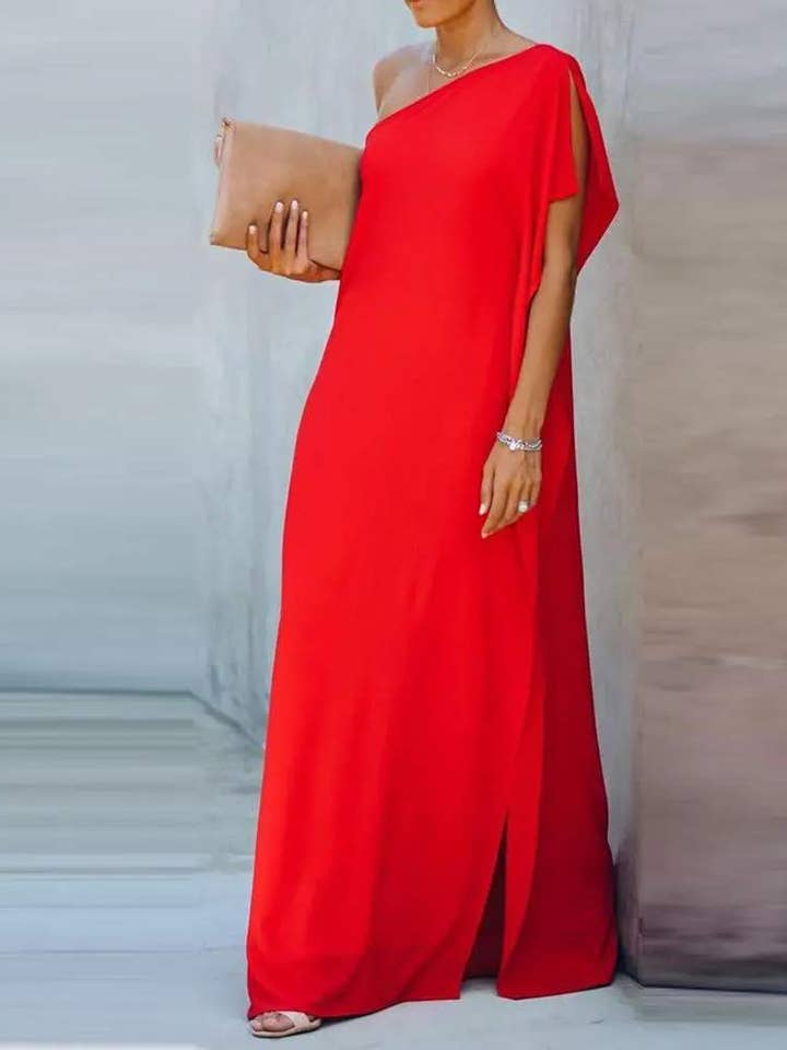 one shoulder slit short sleeve maxi dress for wholesale by Queen Fashion