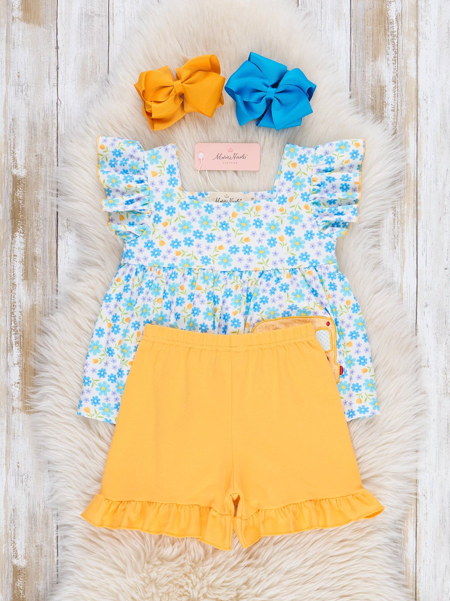 Marie Nicole Clothing - Wholesale Top & Short Set - Kids - Floral Embroidered Bus Route Ruffle Outfit1
