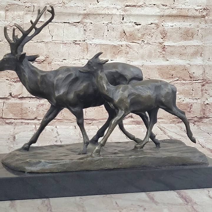 Bronzhaus - Wholesale Sculpture - Deer Buck Elk and Doe Fawn Caribou Reindeer Bronze Statue Sculpture Marble Base 11" x 13"