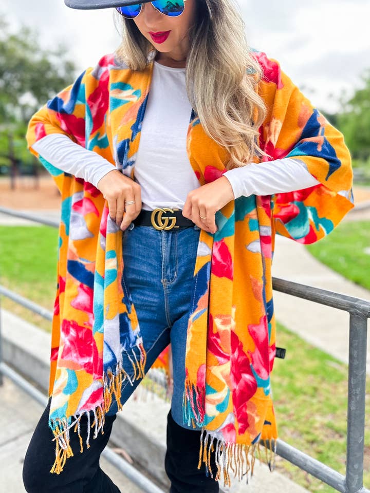 Flerfärgad Multi levande blommigt tryckt kimono kofta med tofs för wholesale på Faire