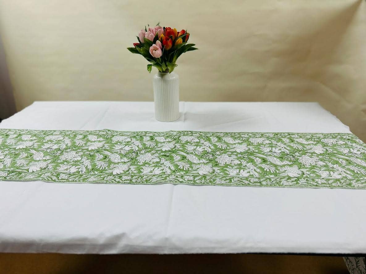 Cotton Print Club - Wholesale Table Runner - Olive Green Block Print Table Runner0