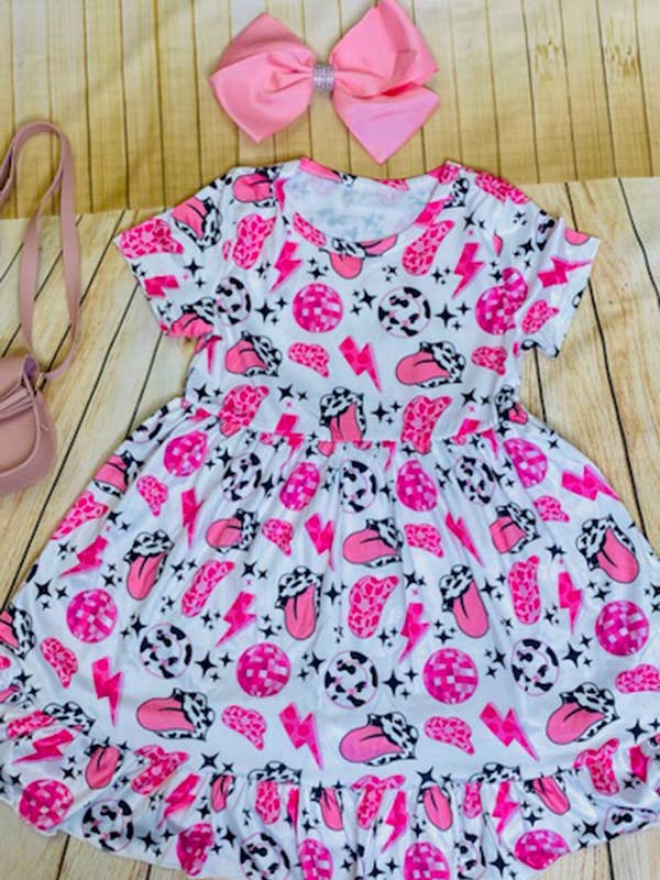 DLH1215-02 Pink, white, & black multiple retro prints dress for wholesale by luluclothes
