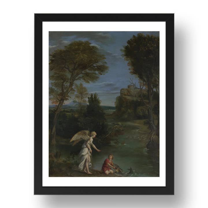 Domenichino: Landschaft mit Tobias, der den Fisch ergreift, Poster im 17x13" (A3) Rahmen für den Großhandel von PERIOD PRINTS