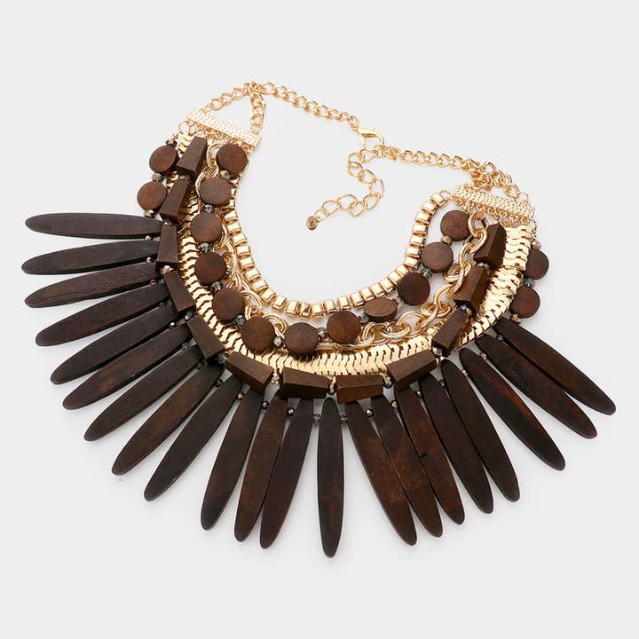 Sensibling Corp. - Wholesale Bib necklace - Wooden Spike Accented Metal Chain Layered Bib Necklace7