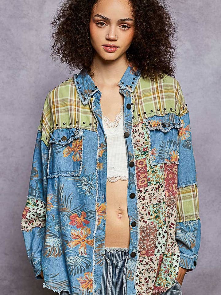 Oversize long sleeve patchworks print denim shacket for wholesale by Pol Clothing