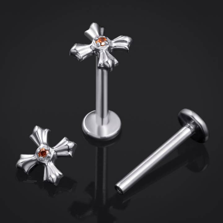 Silver Red Jewelled Cross Internally Threaded Titanium Labret Stud 1.2mm Gauge for wholesale by Custom Plugs