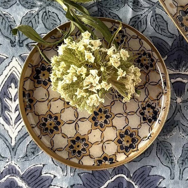 Small round enamelled metal tray Zellige blue, golden border for wholesale by Maison Lilo