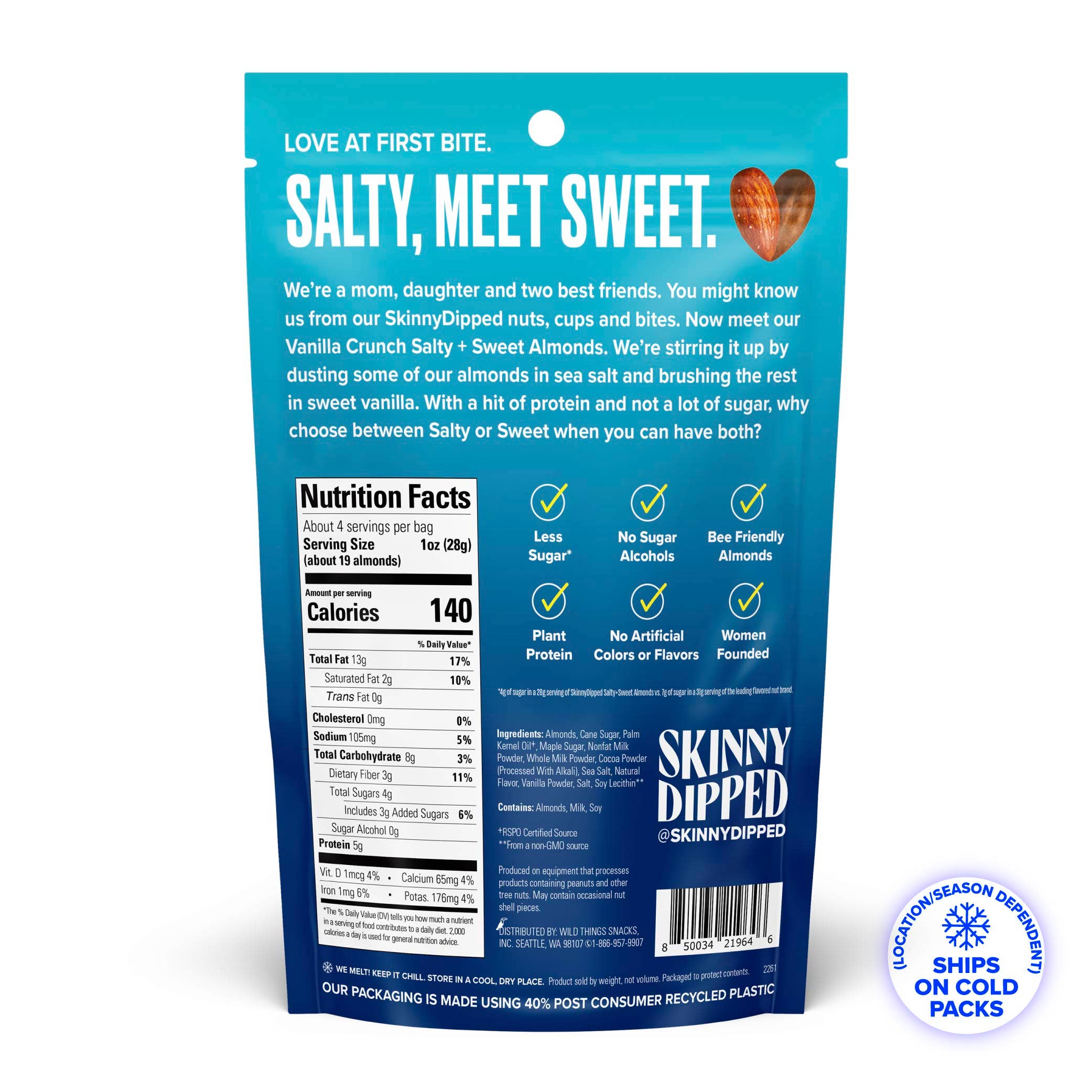 SkinnyDipped - Wholesale Nuts - Salty & Sweet Vanilla Cocoa Almond Crunch Pouch, 4oz1