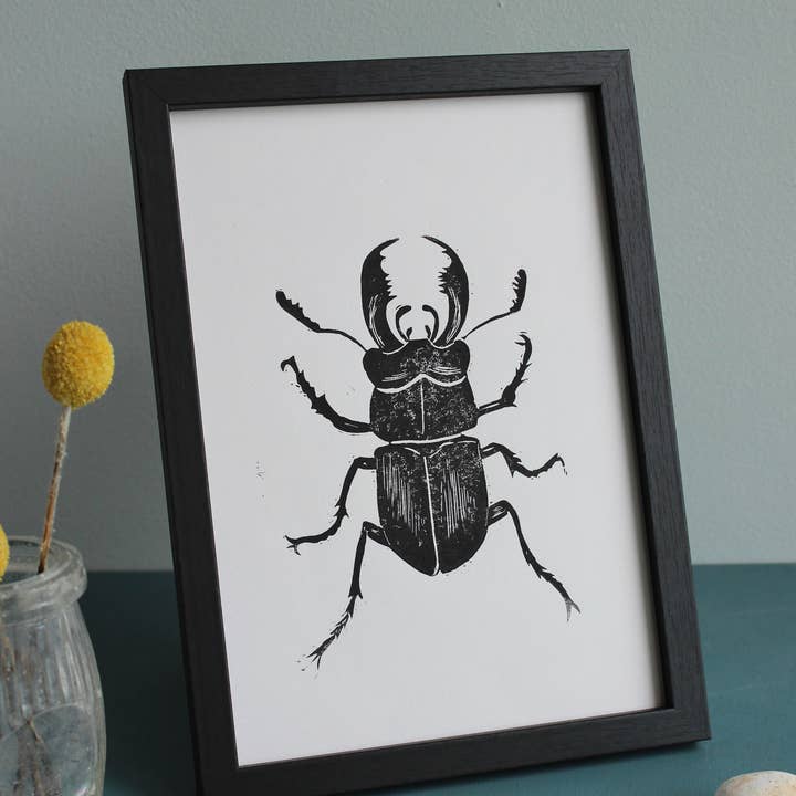 Jackdaw and Bear - Wholesale Art print - Stag Beetle Lino hand printed insect linocut print5