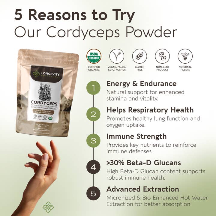 Longevity Botanicals - Wholesale Protein/Superfood Powder - Organic Cordyceps Mushroom Extract Powder 100g